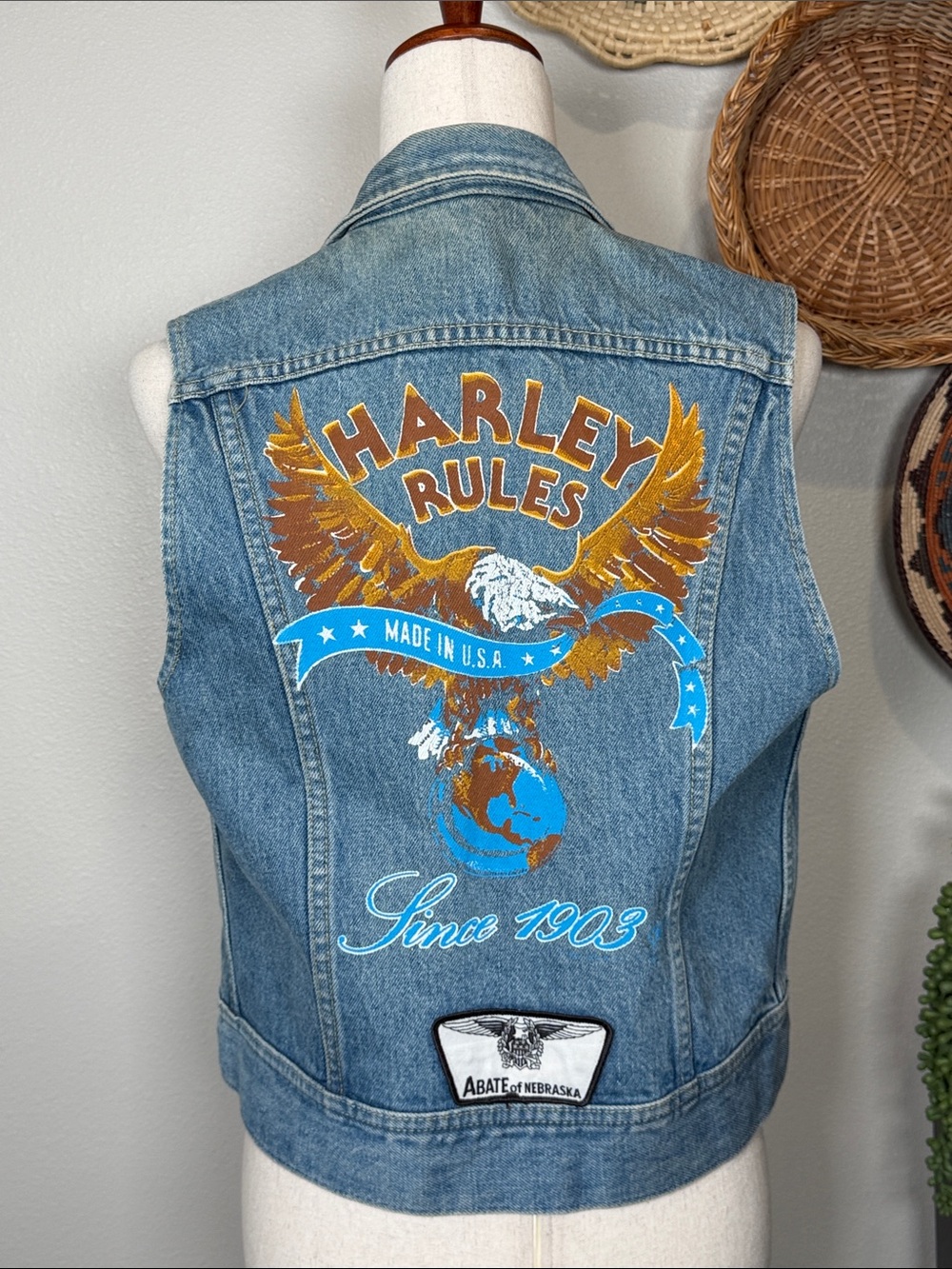 Vintage Ms. Lee Harley Davidson Painted Denim Vest  Bikercore Size 9/10 S/M